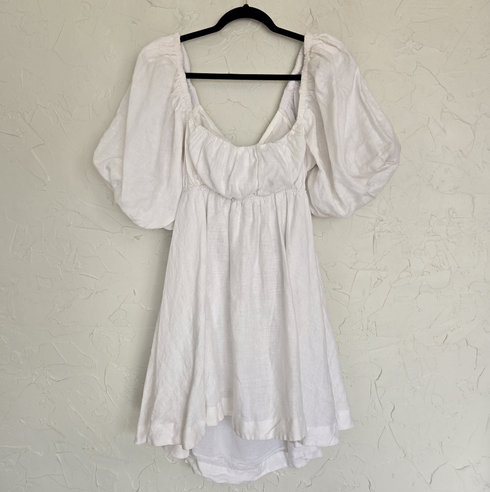 Showpo. Amalie Linen Tie Back Puff Sleeve White Dress, 12 - Picture 2 of 14